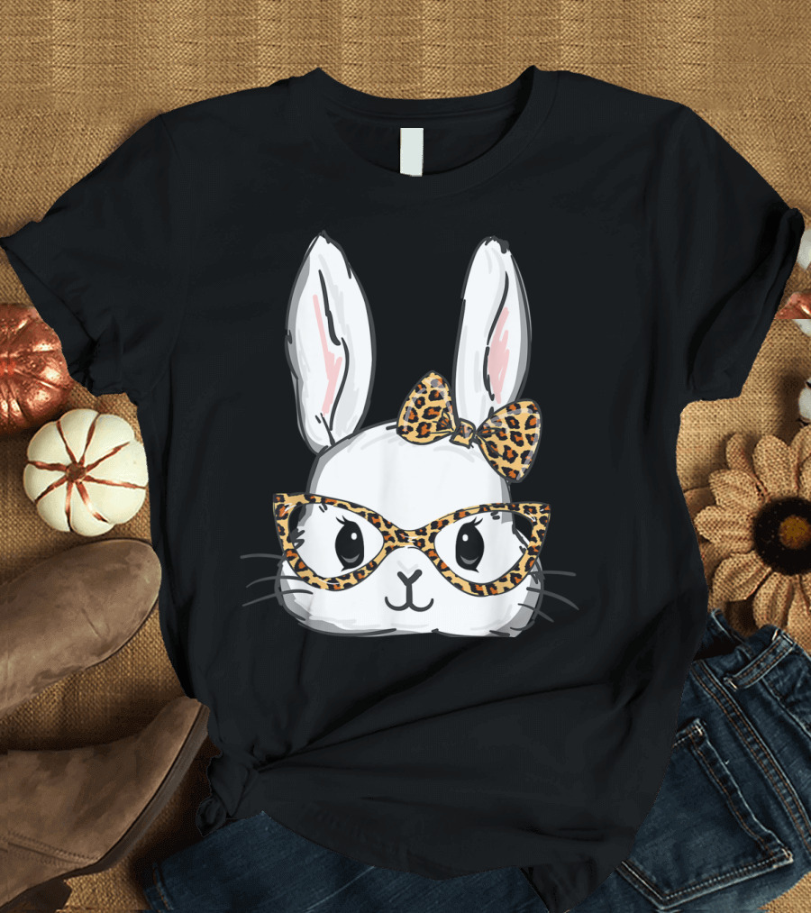 Bunny Rabbit Leopard Glasses Bow Easter T-Shirt