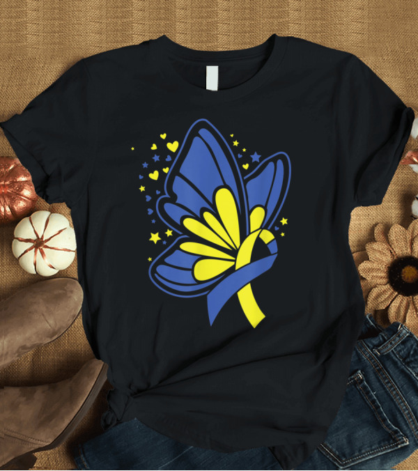 T-Shirt: Butterfly T21 World Down Syndrome Awareness Day Ribbon Hearts and Stars T-Shirt Butterfly T21 World Down Syndrome Awareness Day Ribbon Hearts and Stars T-Shirt