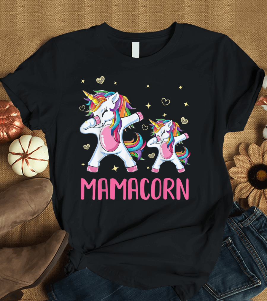 Colorful Dabbing Unicorns Mamacorn with Rainbow Hair and Hearts T-Shirt