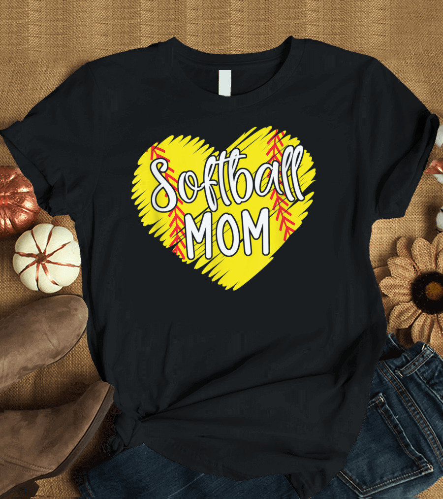 Softball Mom Heart Yellow Red Stitching Baller Mama T-Shirt