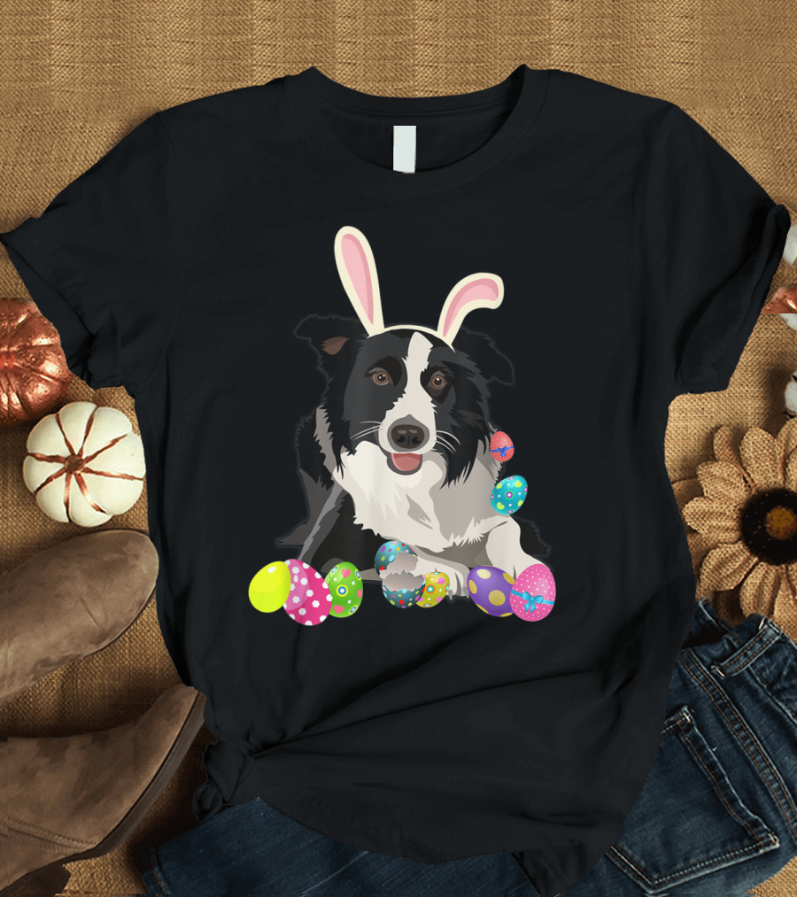 Border Collie Dog in Bunny Rabbit Hat with Colorful Easter Eggs T-Shirt