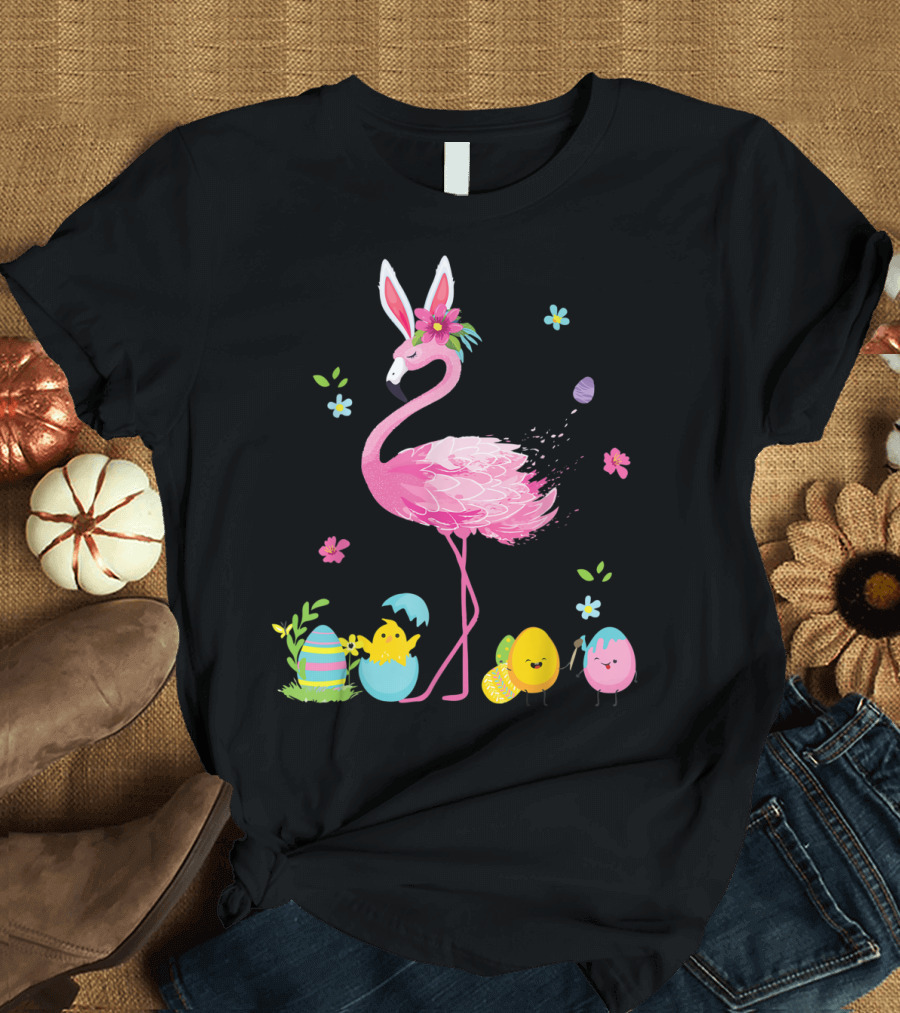 Easter Flamingo with Bunny Ears and Colorful Eggs T-Shirt