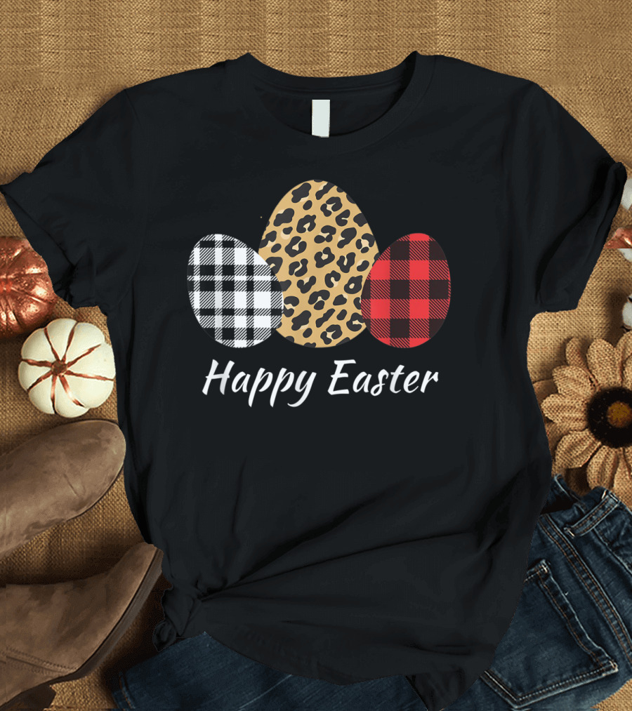 Happy Easter Eggs Buffalo Plaid Red Leopard T-Shirt