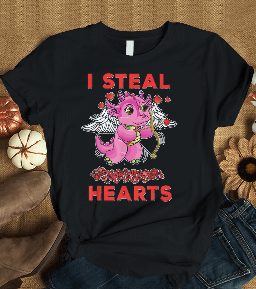 I Steal Hearts Valentine's Day Cute Cupid Dragon Girl with Bow and Roses T-Shirt