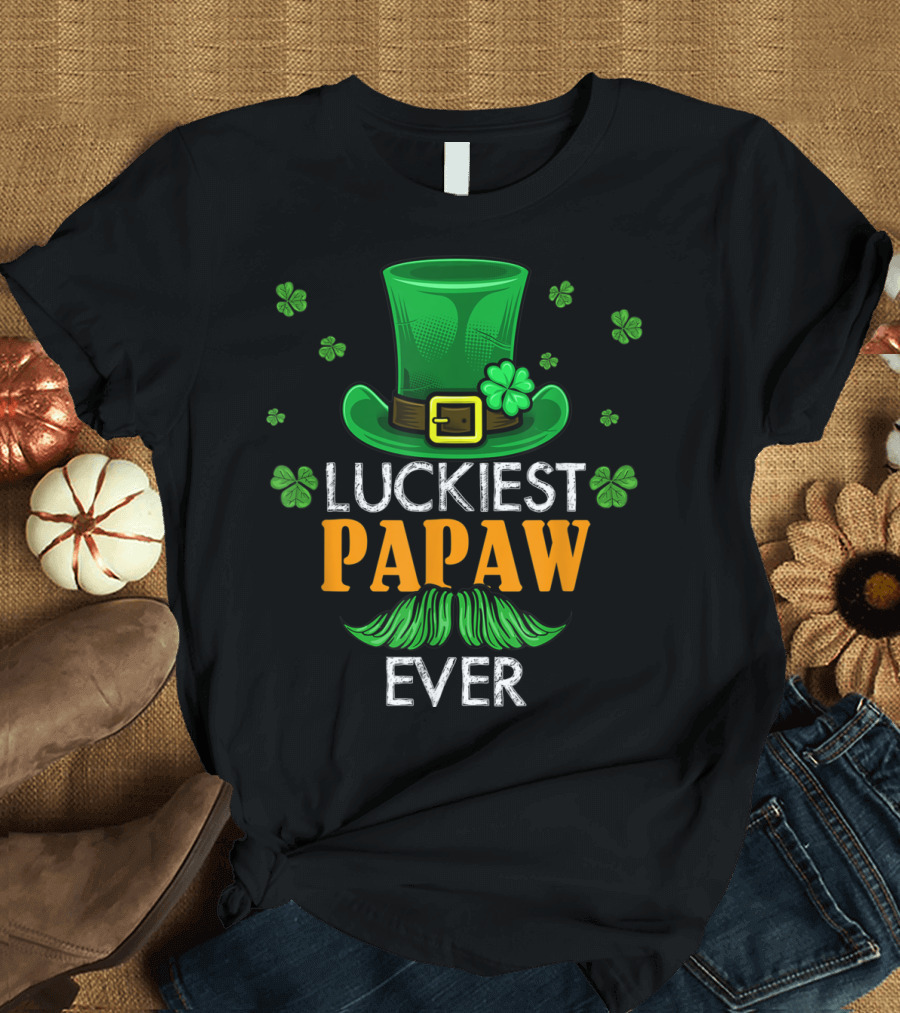 Luckiest Papaw Ever Green Leprechaun Hat Shamrocks T-Shirt