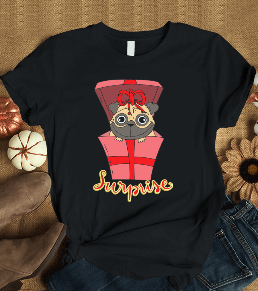 Surprise Dog Gift Box Pug with Red T-Shirt
