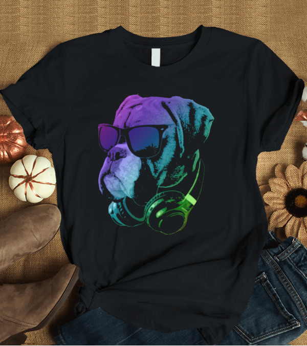 T-Shirt: Boxer Dog DJ with Headphones in Vibrant Neon Colors T-Shirt Boxer Dog DJ with Headphones in Vibrant Neon Colors T-Shirt