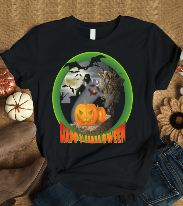 T-Shirt: Happy Halloween Ghost Pumpkin House Bat Full Moon Scene T-Shirt Happy Halloween Ghost Pumpkin House Bat Full Moon Scene T-Shirt