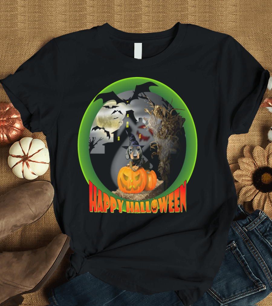 Happy Halloween Dachshund Puppy with Pumpkin and Haunted House Moon Ghost Bats T-Shirt