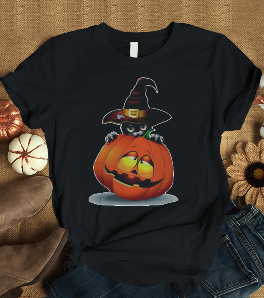 Pumpkin Cat Halloween Witch Hat Jack O'Lantern T-Shirt