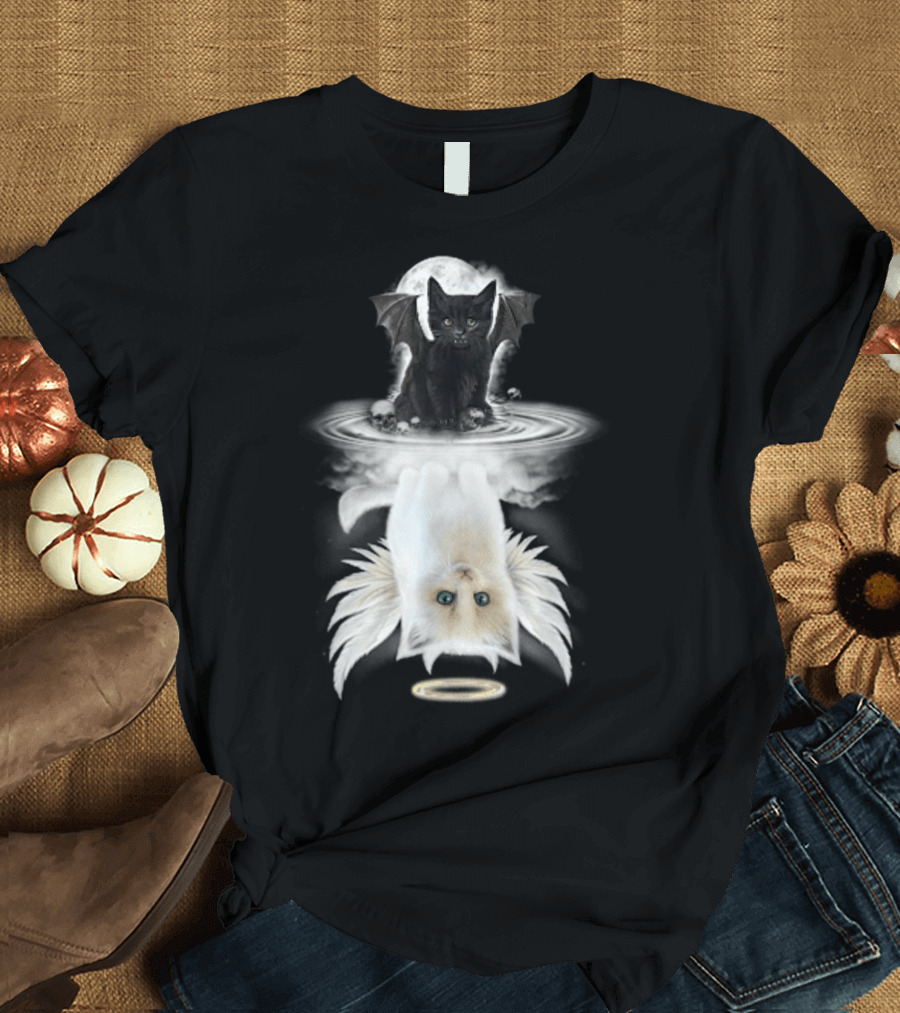 Black Cat Devil with Wings White Cat Angel with Halo Reflection Moon Skulls T-Shirt