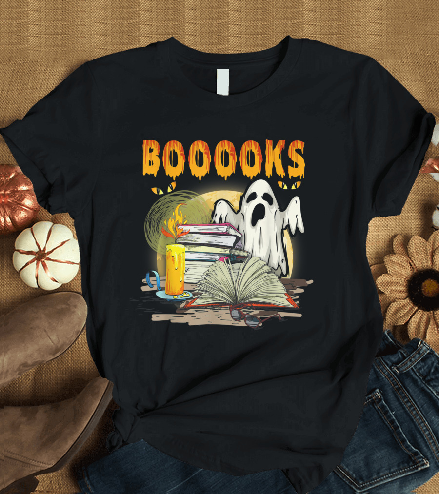 BOOOOKS Cute Ghost with Candles and Stacks of Books T-Shirt