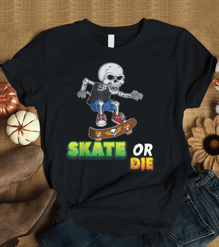Skate Or Die Skeleton Skating Skull on Skateboard T-Shirt