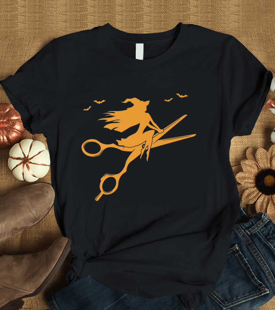 Witch on Scissors Broom with Bats Hair Stylist T-Shirt