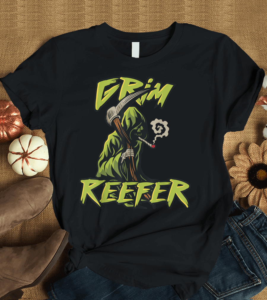 Grim Reefer Grim Reaper Smoking Weed Marijuana THC T-Shirt