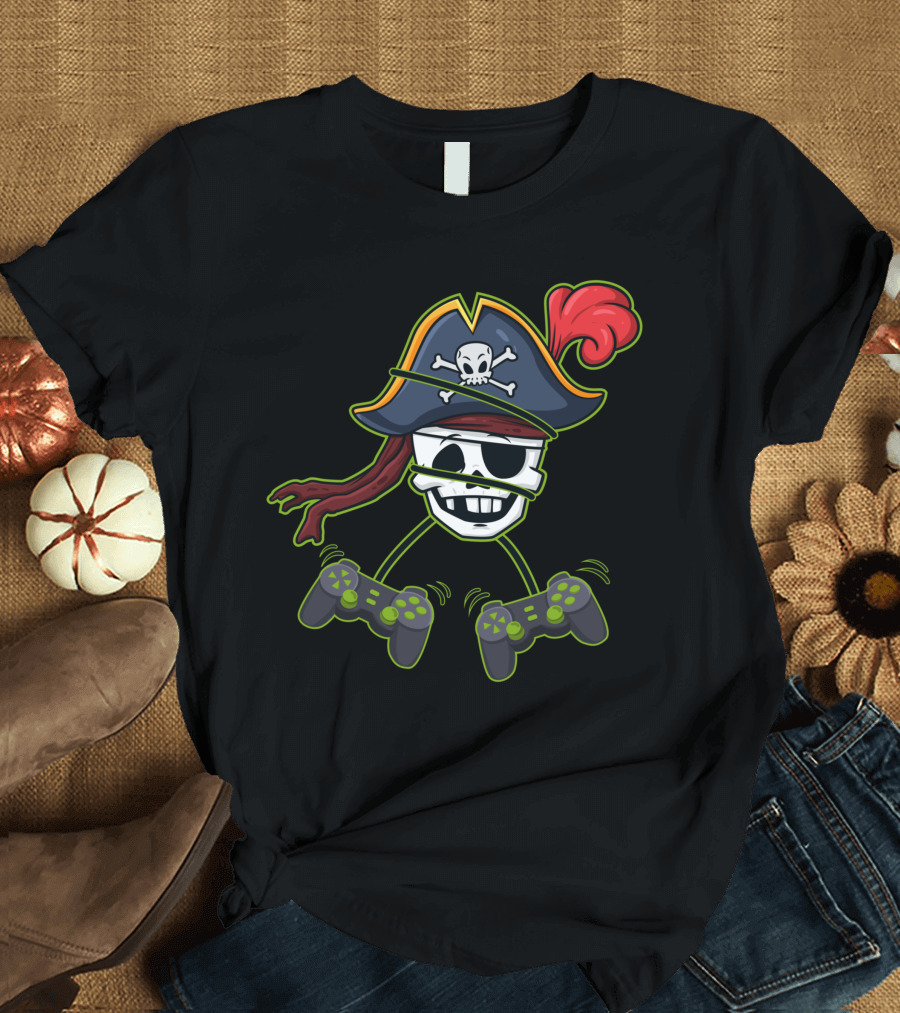 Halloween Pirate Skeleton Video Gamer Controllers Playful Skull Hat T-Shirt