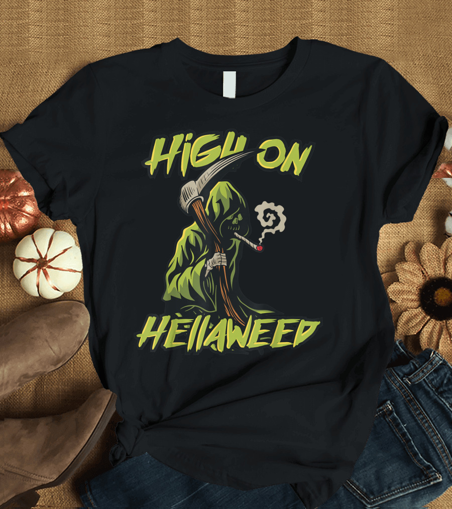 High On Hellaweed Grim Reaper Smoking Weed THC CBD T-Shirt