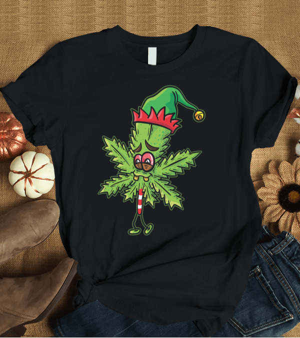 T-Shirt: Stoned Elf Cannabis Leaf with Festive Hat Smoking Weed Elves T-Shirt Stoned Elf Cannabis Leaf with Festive Hat Smoking Weed Elves T-Shirt