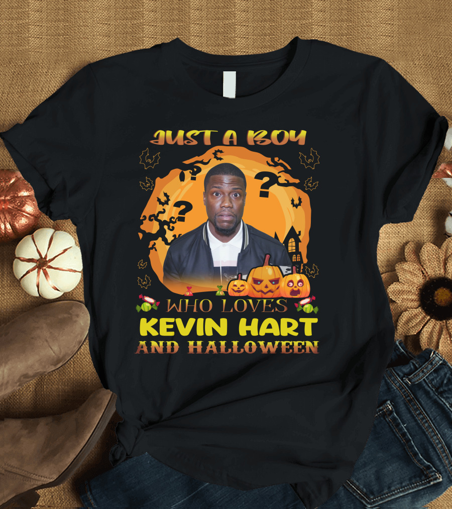 Just A Boy Who Loves Kevin Hart And Halloween Pumpkin Bats T-Shirt