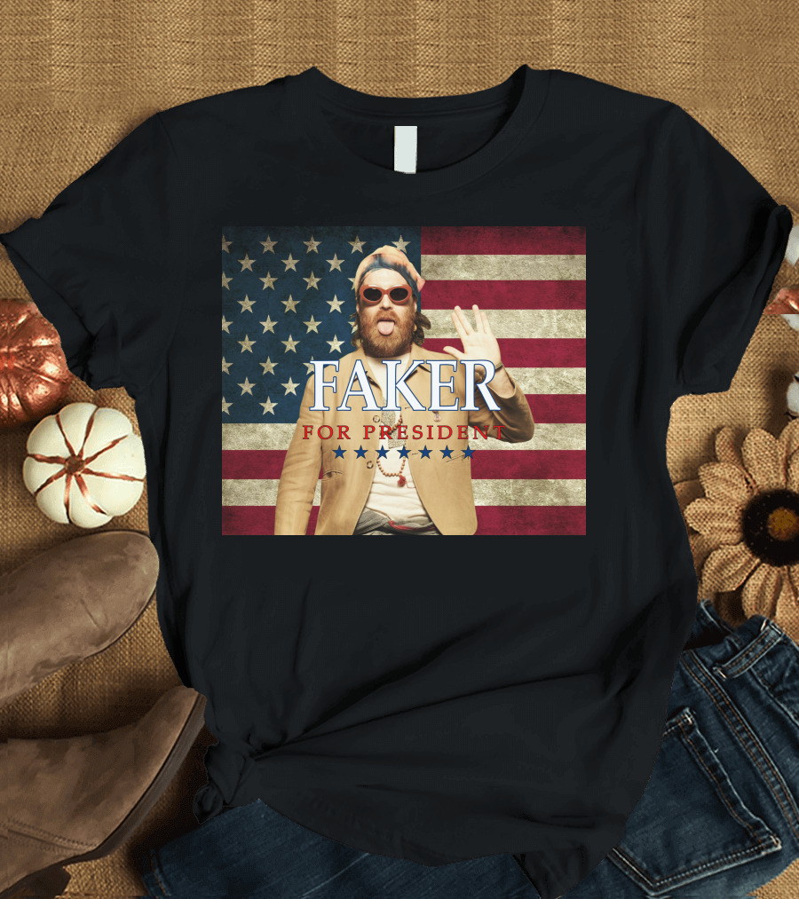 Faker for President USA Flag Background Stars Stripes Sunglasses T-Shirt