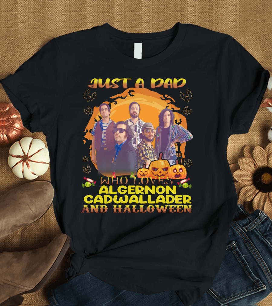 Just A Dad Celebrating Algernon Cadwallader and Halloween with Pumpkin and Bat T-Shirt