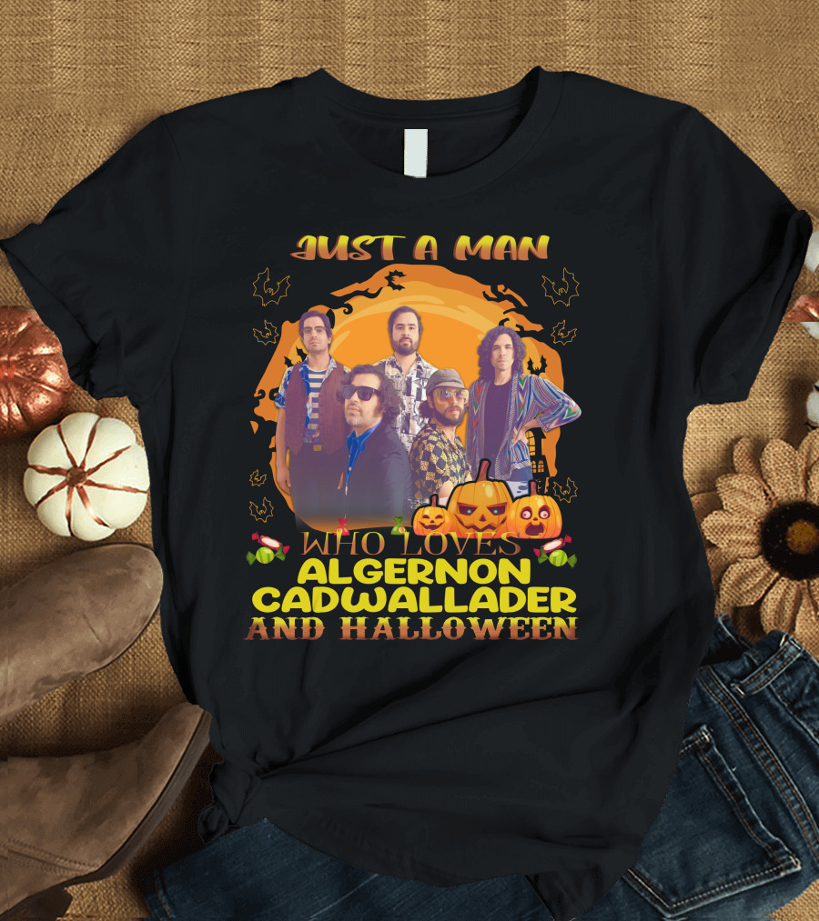 Just A Man Who Loves Algernon Cadwallader And Halloween Pumpkins Bats Scarecrows T-Shirt