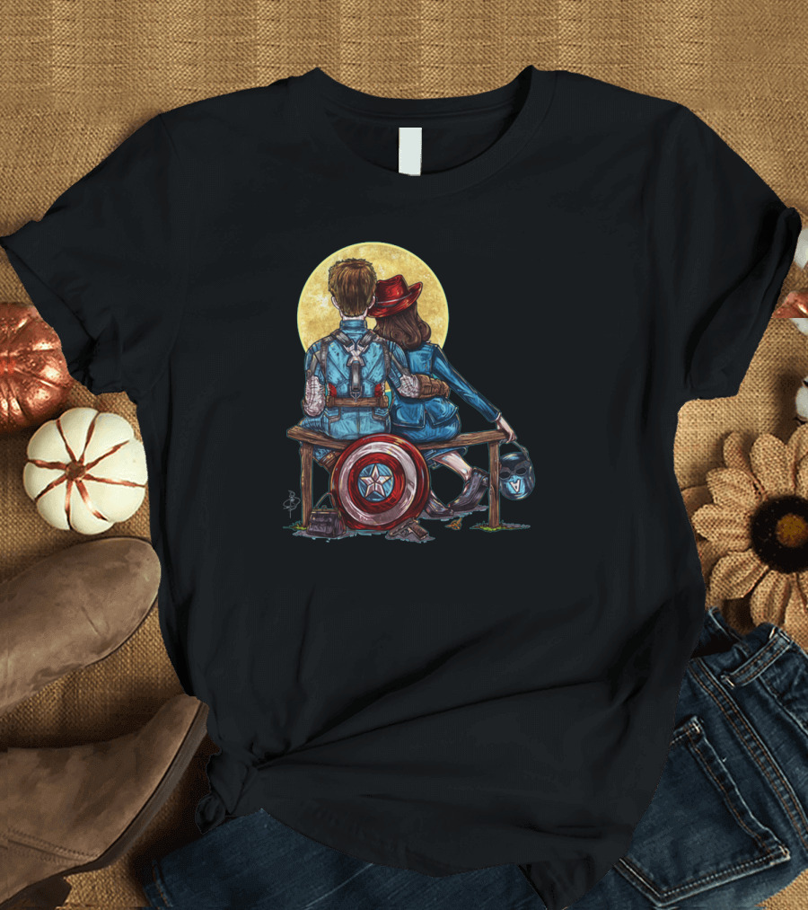 MARVEL CAPTAIN AMERICA MOONLIGHT BENCH SCENE WITH SHIELD AND HELMET T-Shirt
