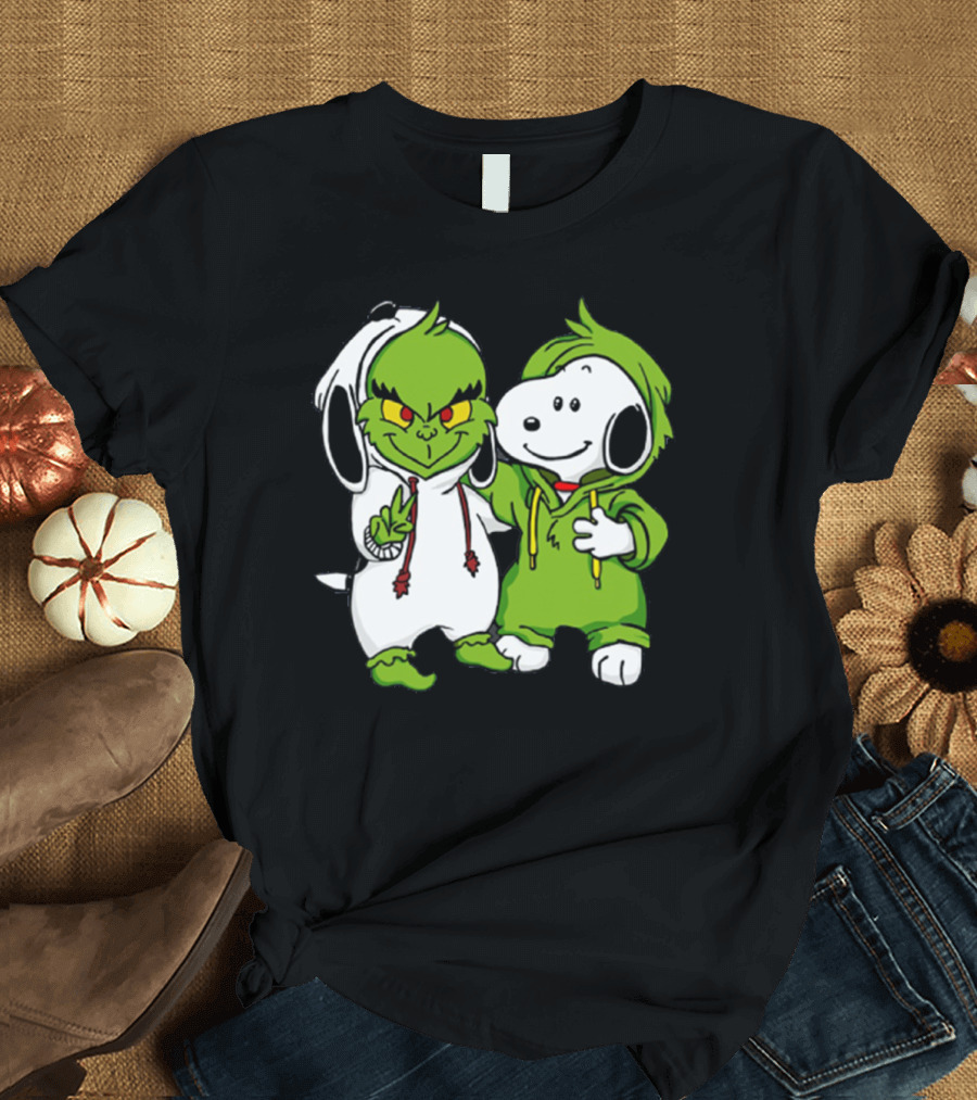 Grinch and Snoopy Christmas Crossover Characters in Festive Hoodies T-Shirt