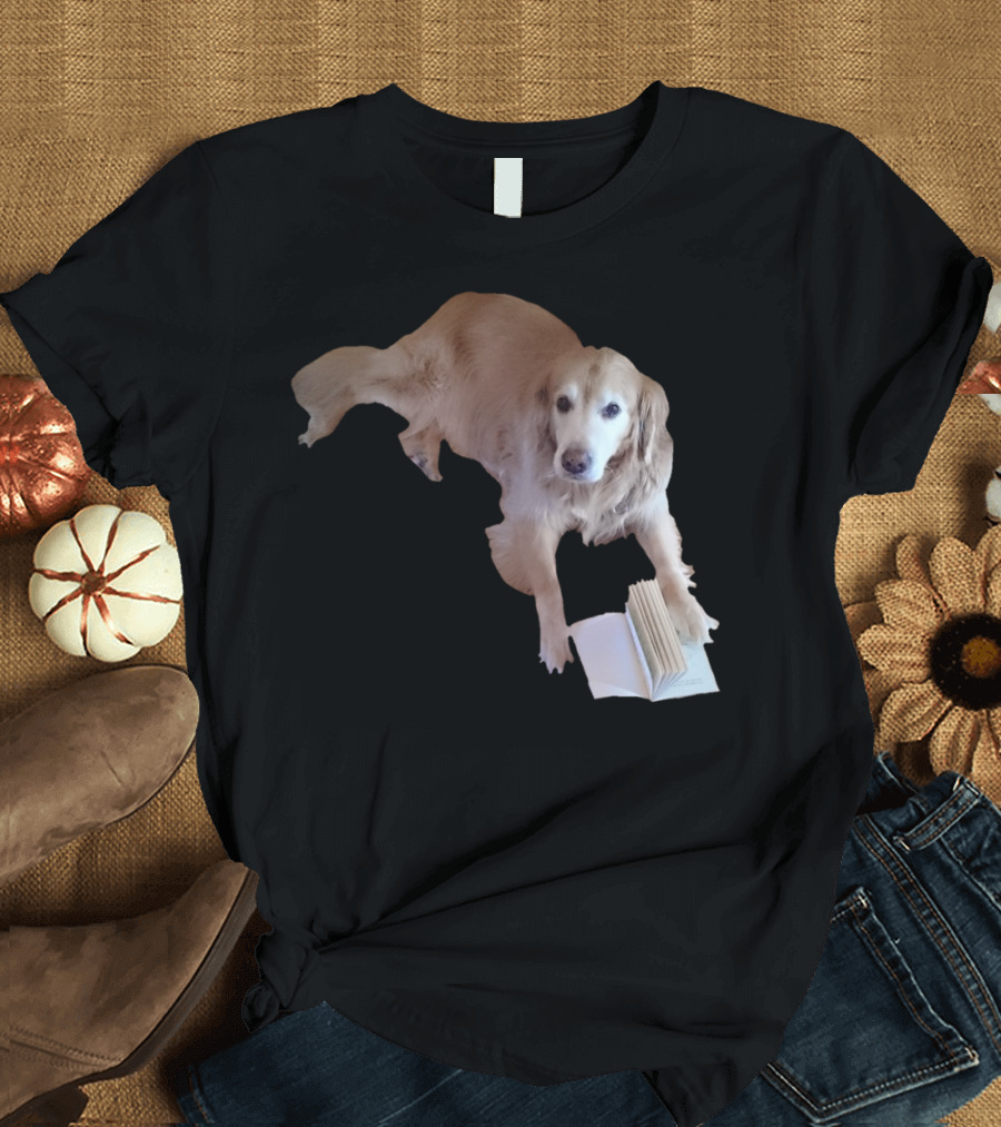 Golden Retriever Engaged with Open Book T-Shirt