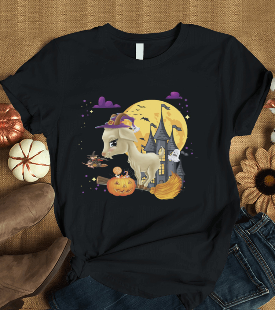 Goat Witch on Broom with Pumpkin and Haunted Castle Halloween Costume Scene T-Shirt