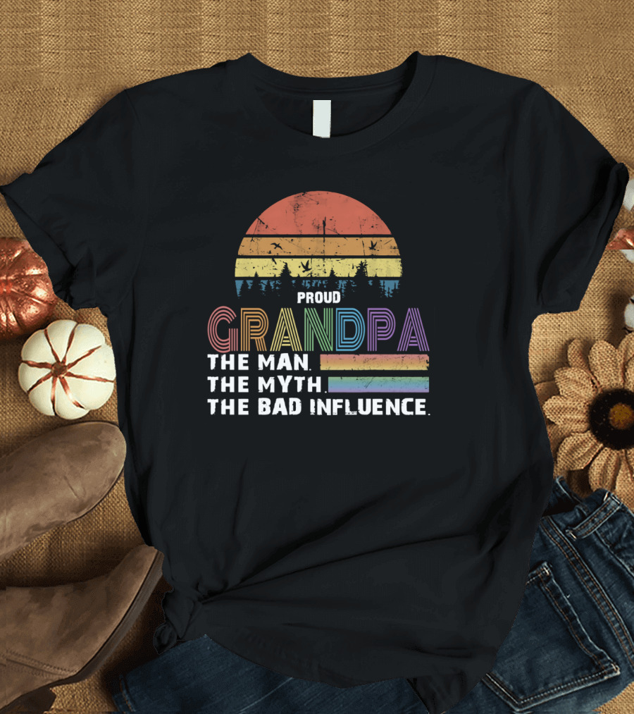 Proud Grandpa The Man The Myth The Bad Influence Vintage Sunset Stripe T-Shirt