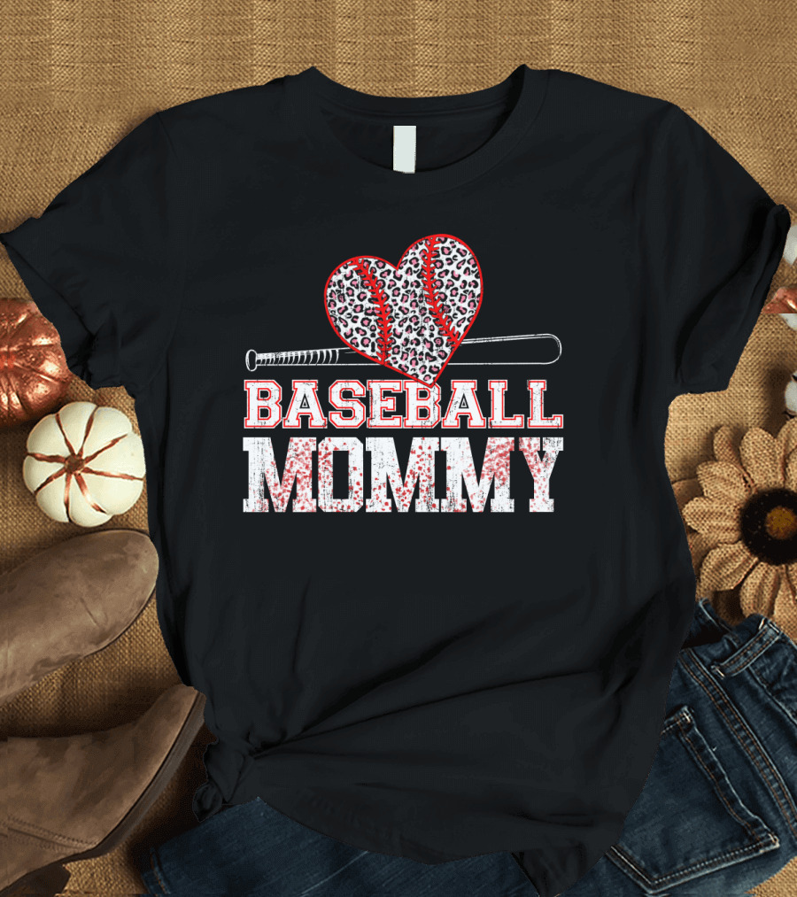 Baseball Mommy Leopard Heart with Bat T-Shirt