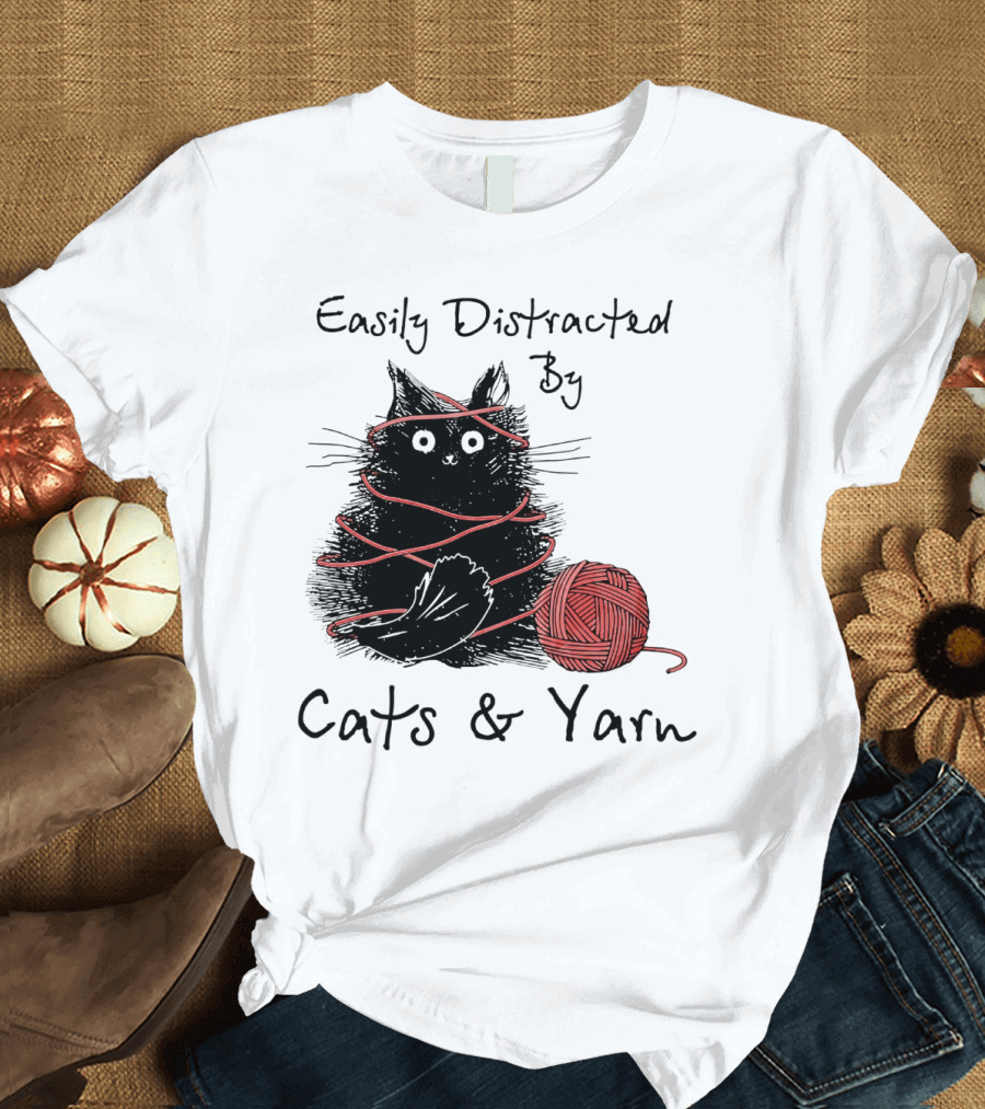Easily Distracted by Cats and Yarn with Playful Cat Wrapped in Red Yarn T-Shirt