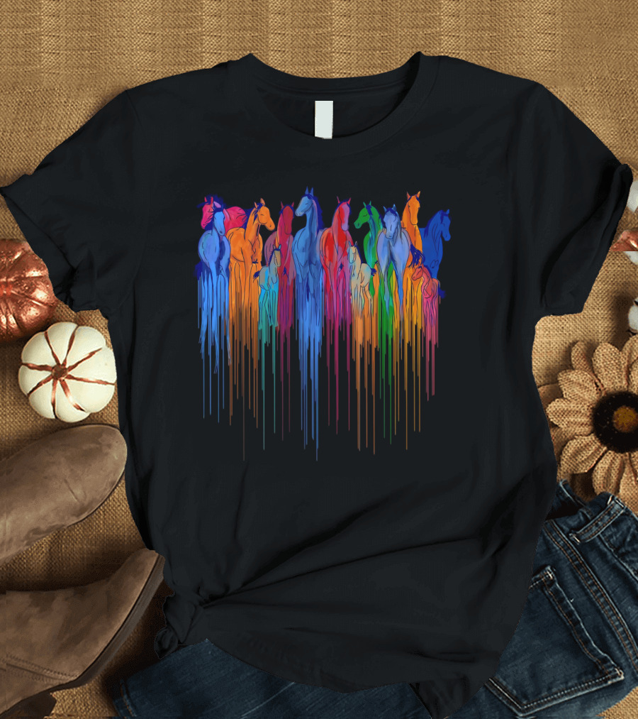 Horse Watercolor Rainbow Drip Multi-Color Herd T-Shirt