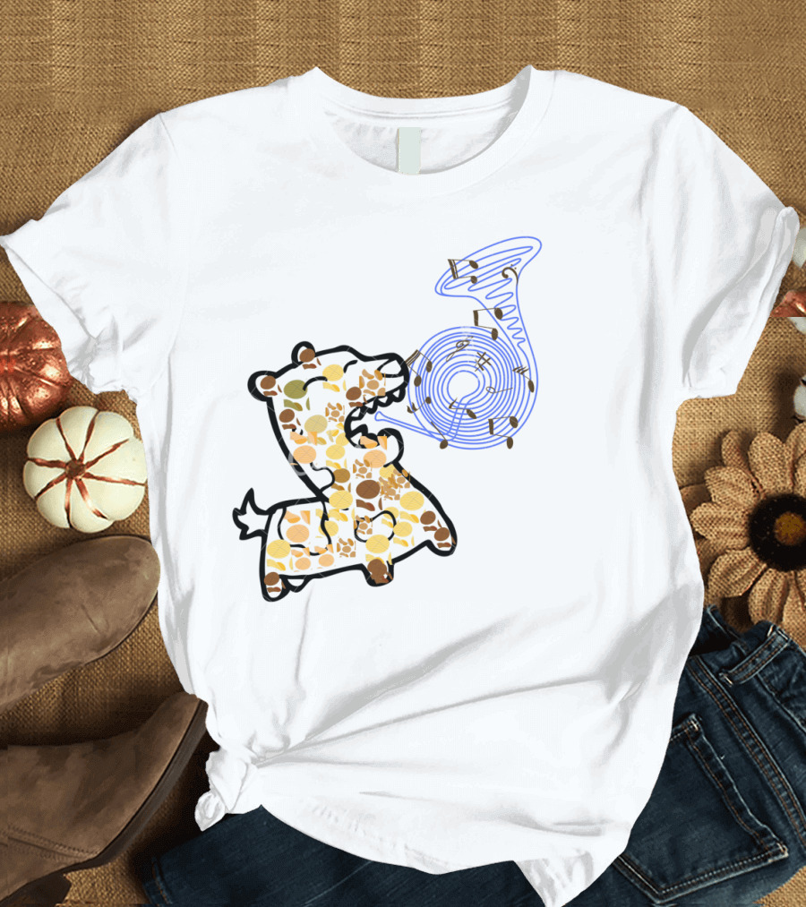 Playful Dog Surrounded by Music Notes with Colorful Trombone T-Shirt