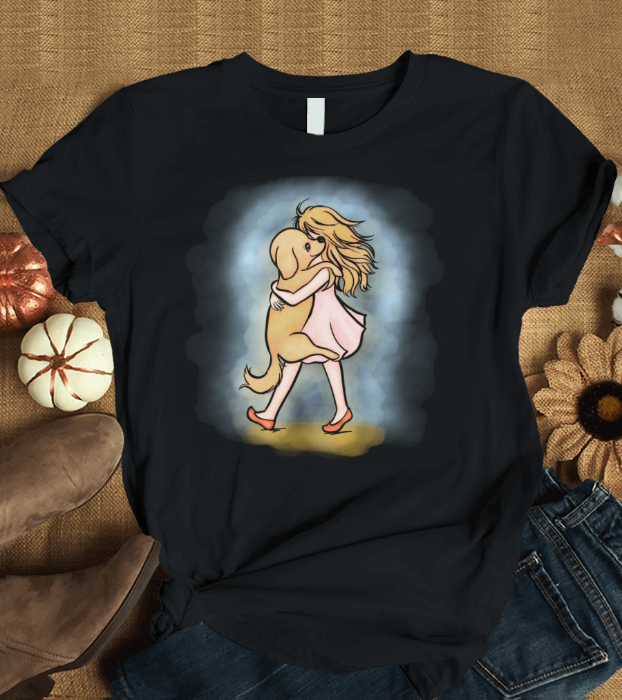 Girl Embracing Her Big Dog in Whimsical T-Shirt