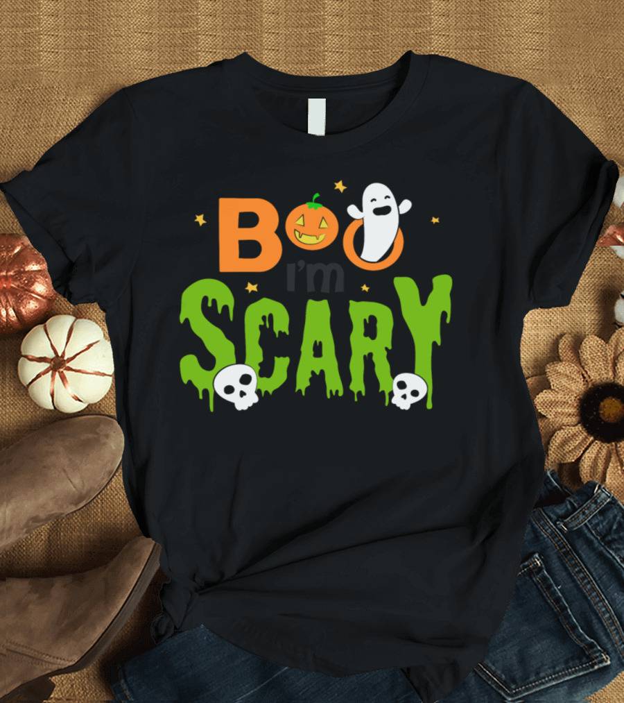 Boo I'm Scary Pumpkin Ghost with Skulls and Bats for Halloween T-Shirt