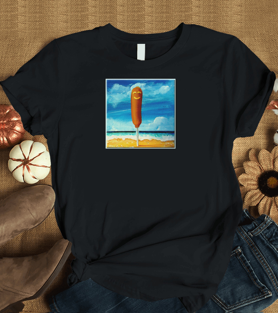 Corn Dog Smiling by the Ocean with Blue Sky and Sandy Horizon T-Shirt