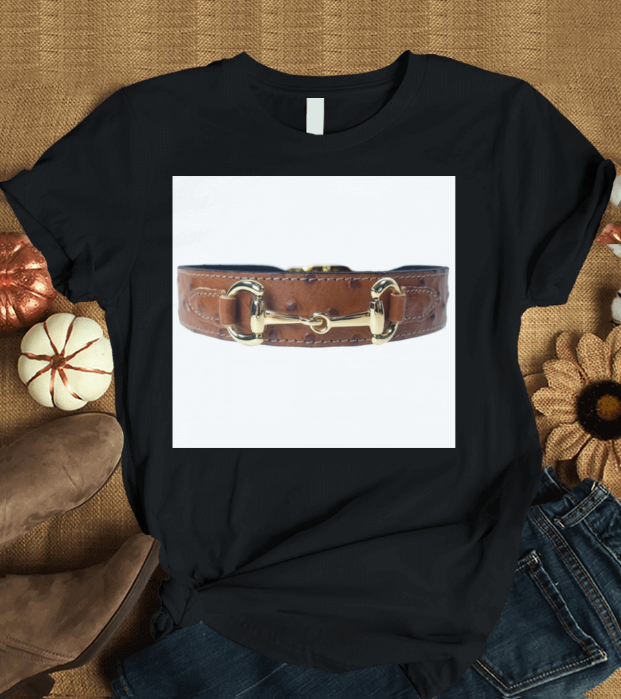 Luxury Brown Leather Dog Collar with Gold Hardware and Equine-Inspired T-Shirt
