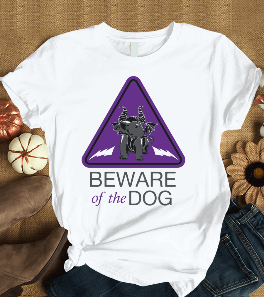 Beware of the Dog with Horns and Bat Wings Inside Purple Triangle T-Shirt