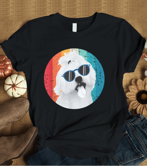 T-Shirt: Retro Rainbow Sunglasses Maltese Dog T-Shirt Retro Rainbow Sunglasses Maltese Dog T-Shirt