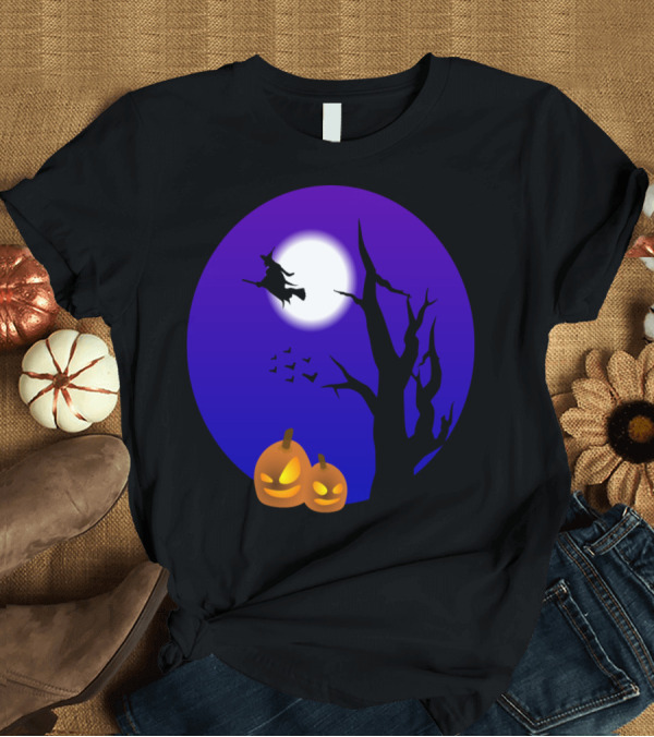 T-Shirt: Flying Witch and Pumpkins Halloween Night Scene T-Shirt Flying Witch and Pumpkins Halloween Night Scene T-Shirt