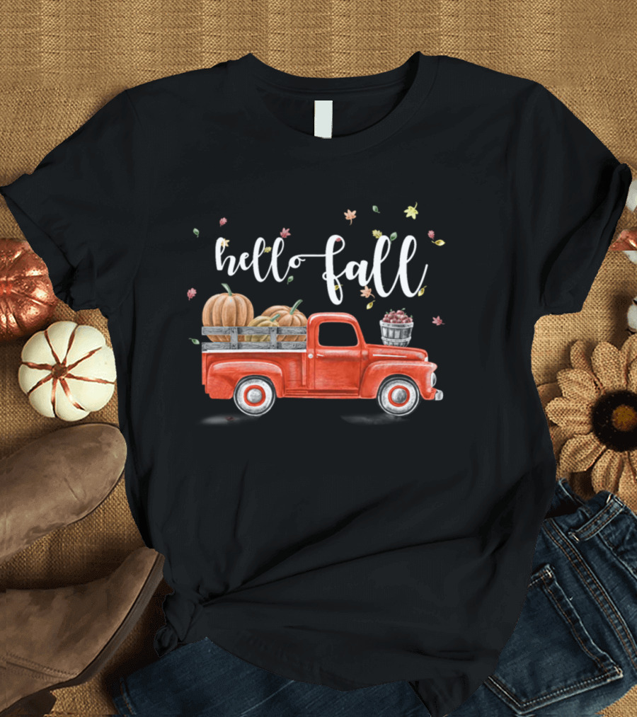 Hello Fall Vintage Pickup Pumpkin Patch Leaves T-Shirt