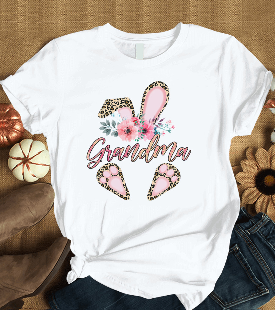 Grandma Leopard Floral Bunny Ears and Paw Prints T-Shirt