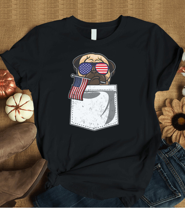 T-Shirt: 4th of July Pug with USA Flag and Stars and Stripes Sunglasses in Pocket T-Shirt 4th of July Pug with USA Flag and Stars and Stripes Sunglasses in Pocket T-Shirt