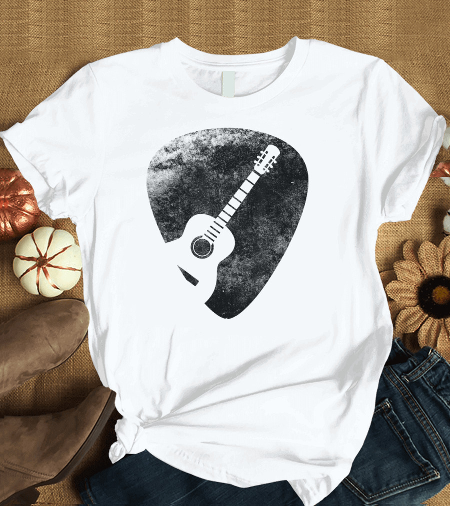 Acoustic Guitar Pick Icon with Textured Black T-Shirt