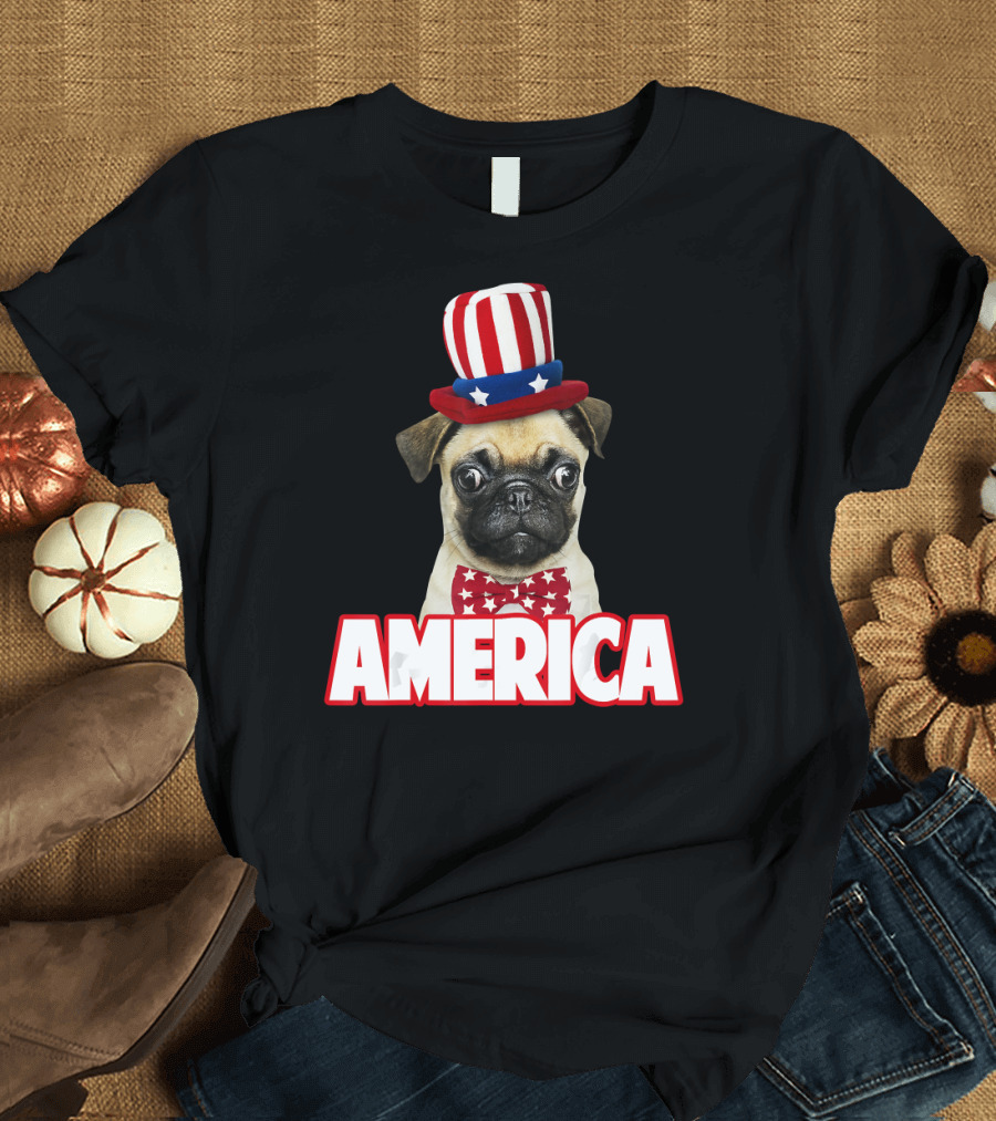 America Patriotic Pug 4th of July Stars and Stripes Hat Bow Tie T-Shirt