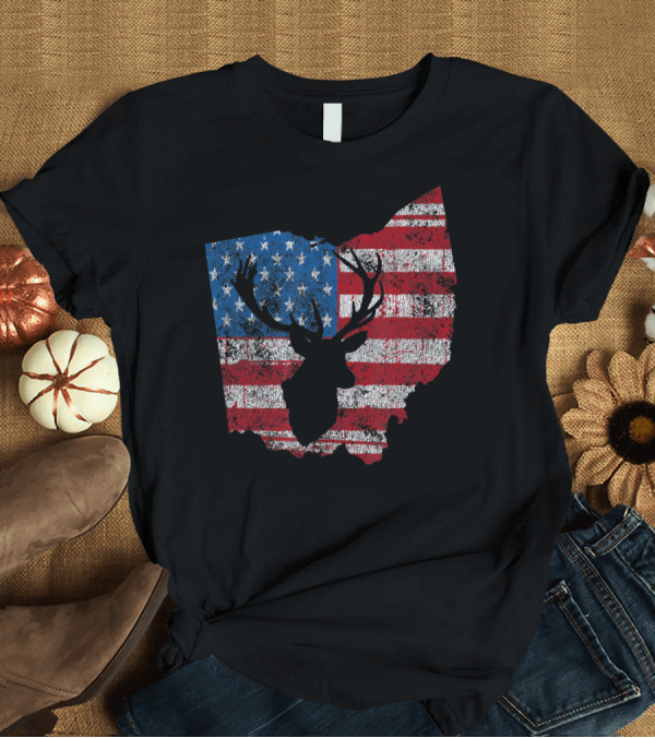T-Shirt: American Flag Ohio Deer Silhouette Hunting T-Shirt American Flag Ohio Deer Silhouette Hunting T-Shirt