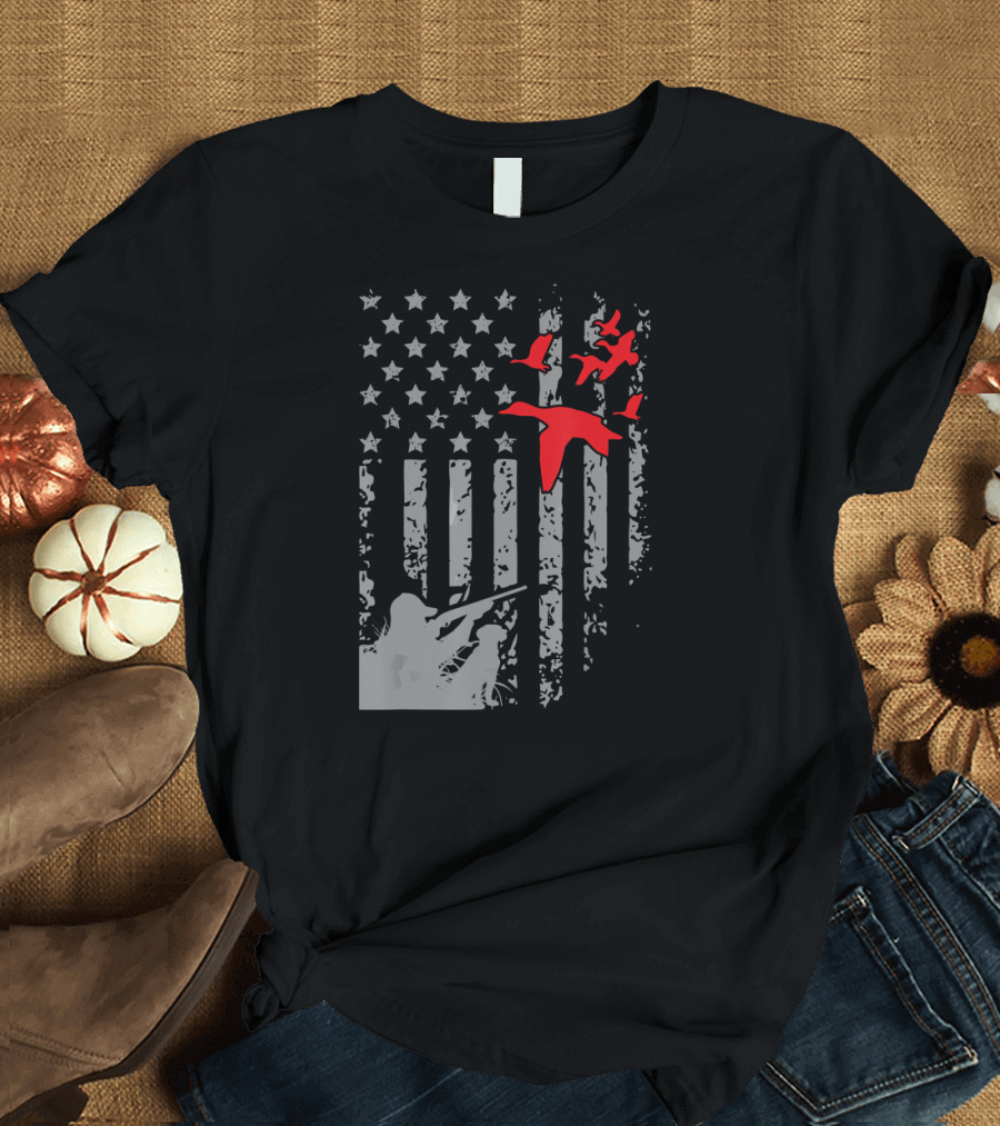 American Flag Stars and Stripes with Red Ducks and Hunter T-Shirt