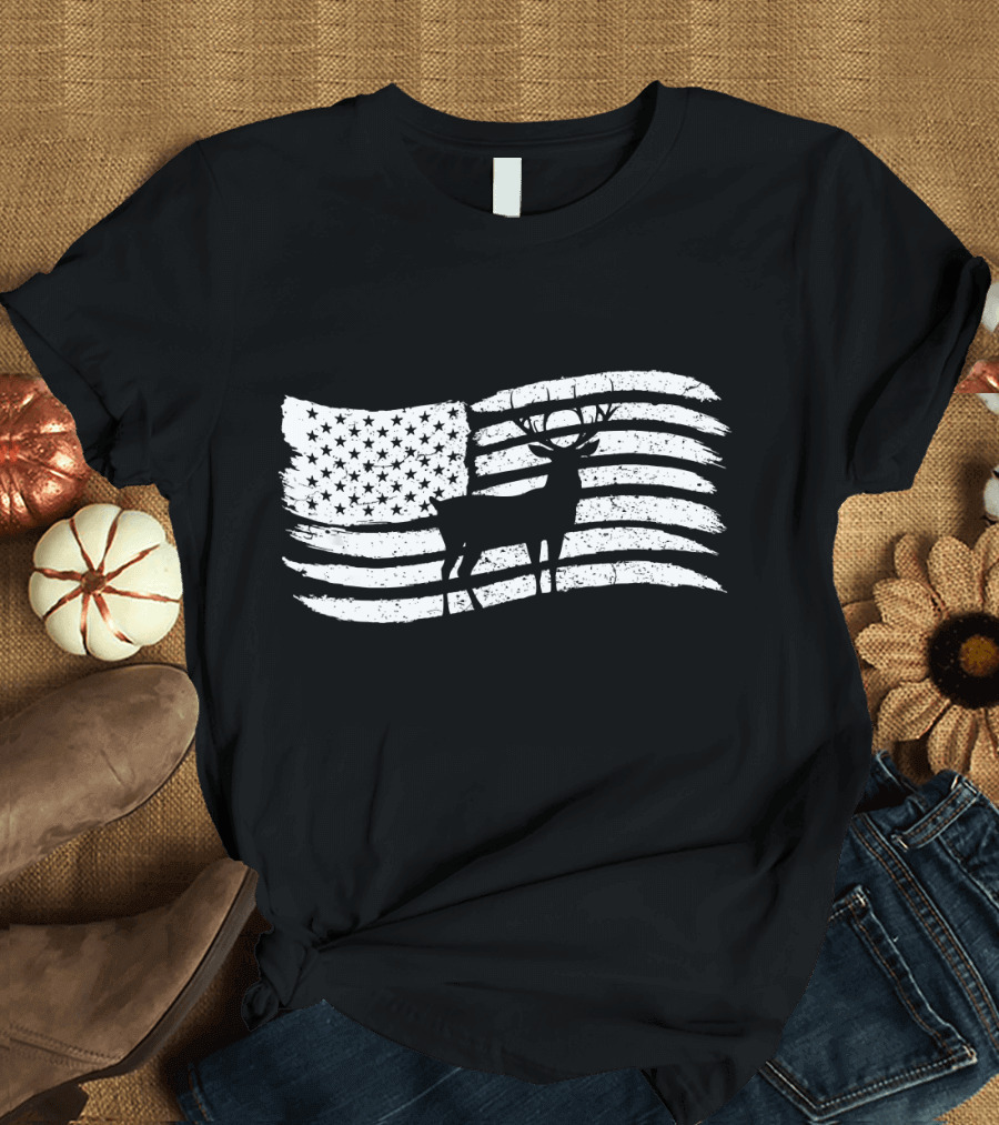 American Flag with Deer Buck Silhouette for Hunters T-Shirt